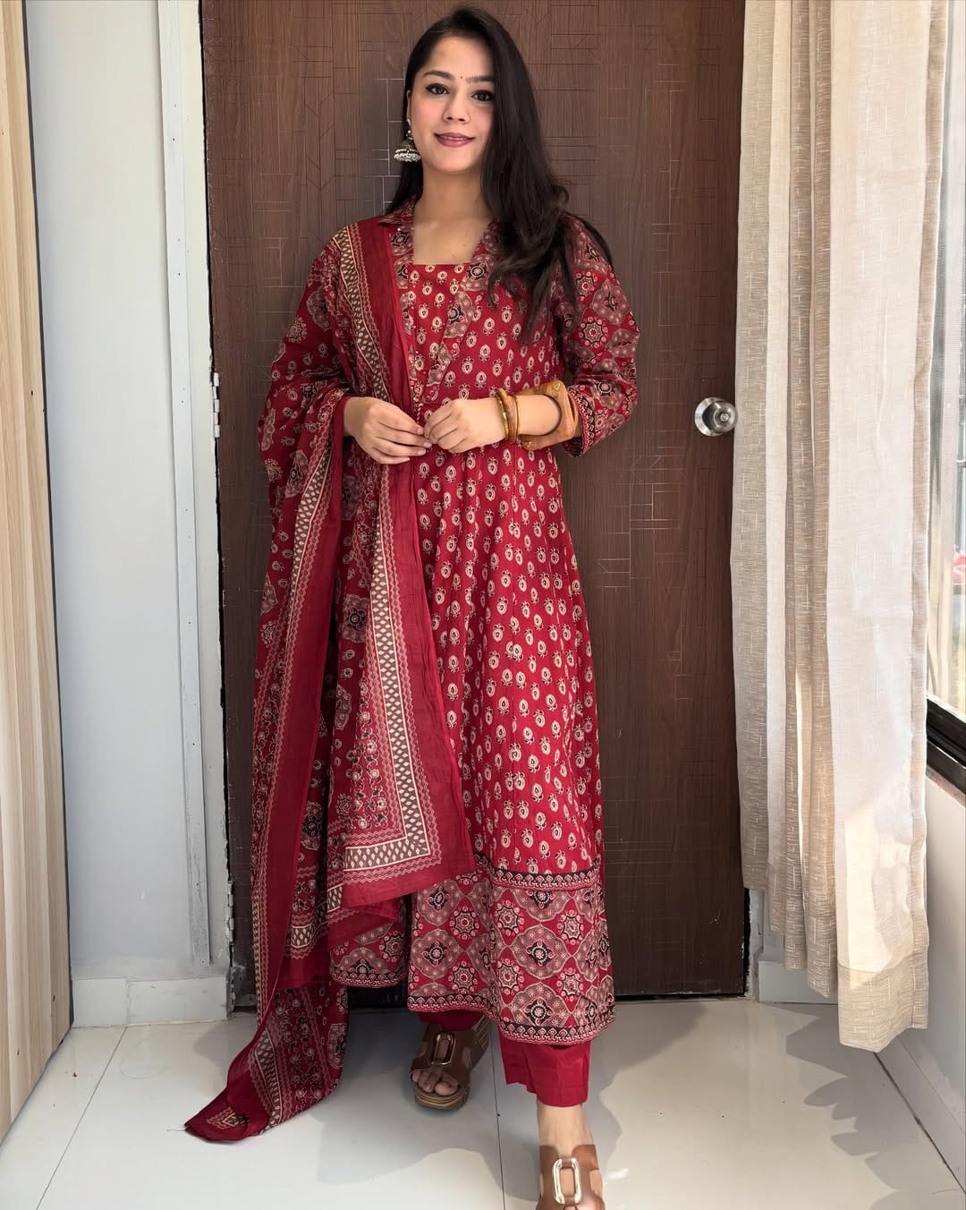 Madhurima Printed Cotton Sequins Katha Work Anarkali Kurta with Pant & Dupatta
