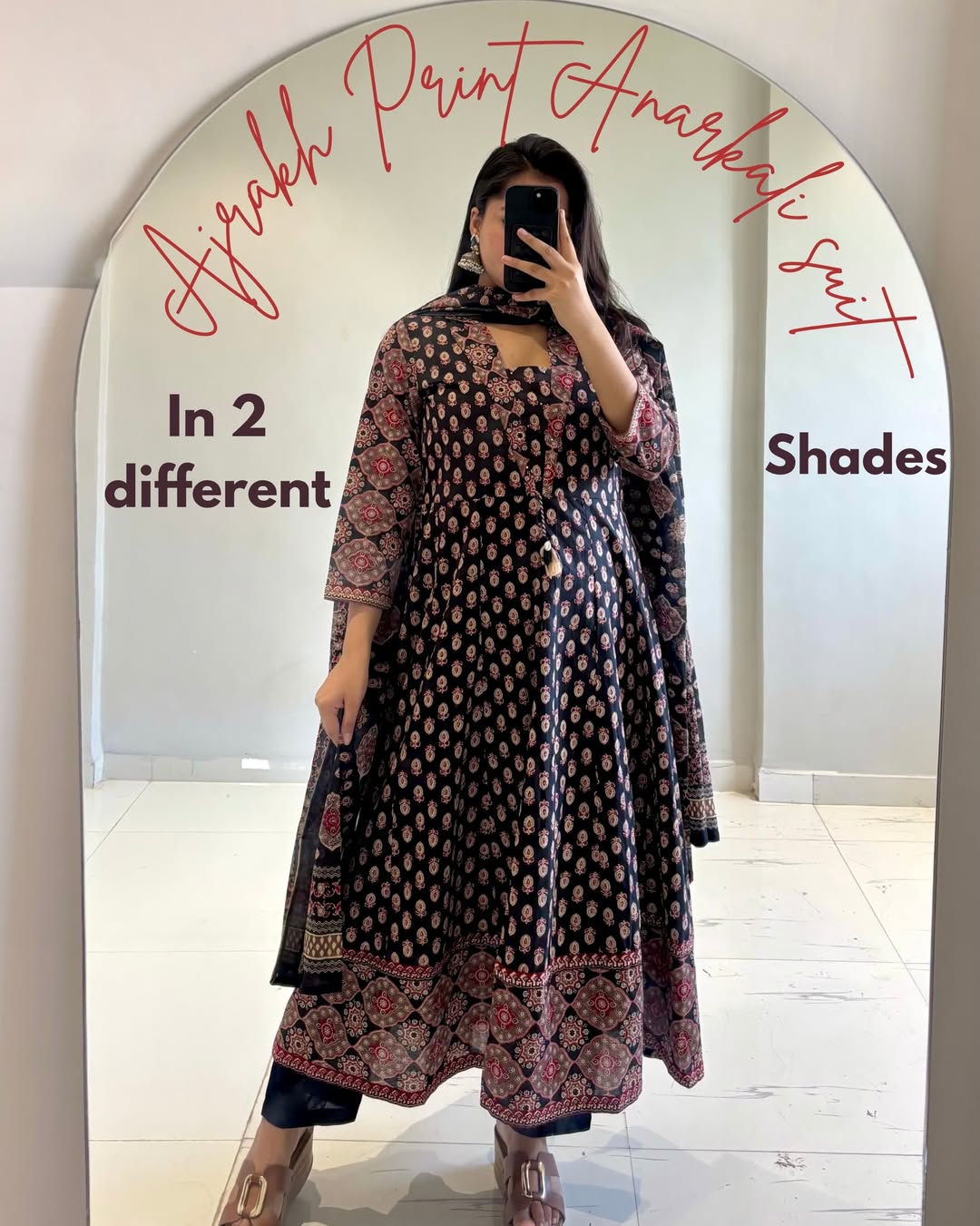 Madhurima Printed Cotton Sequins Katha Work Anarkali Kurta with Pant & Dupatta