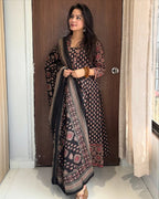 Madhurima Printed Cotton Sequins Katha Work Anarkali Kurta with Pant & Dupatta