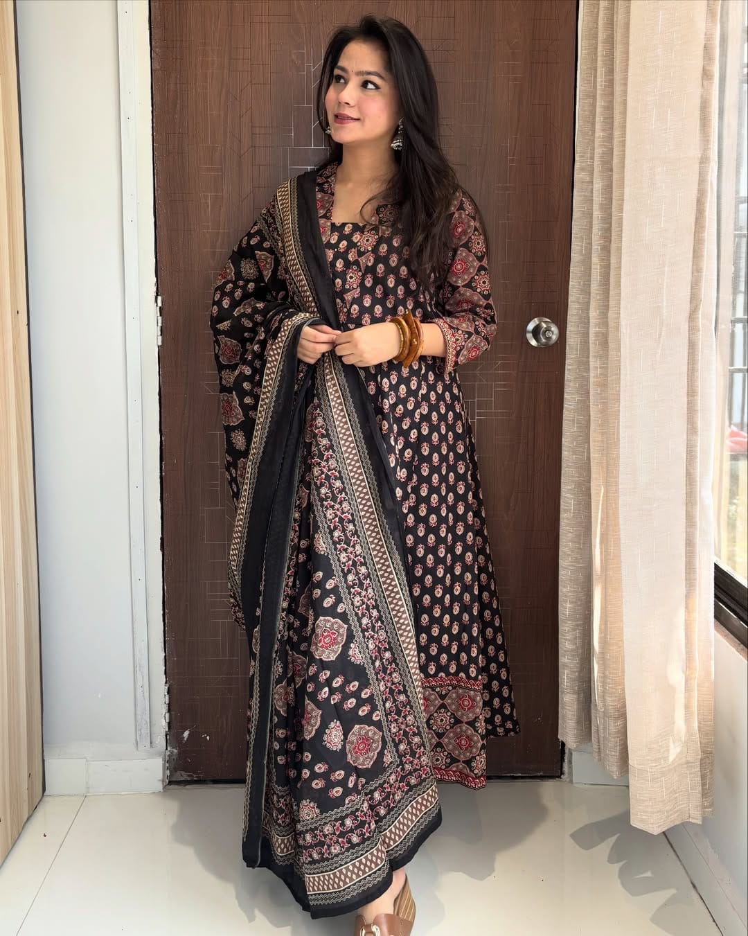 Madhurima Printed Cotton Sequins Katha Work Anarkali Kurta with Pant & Dupatta