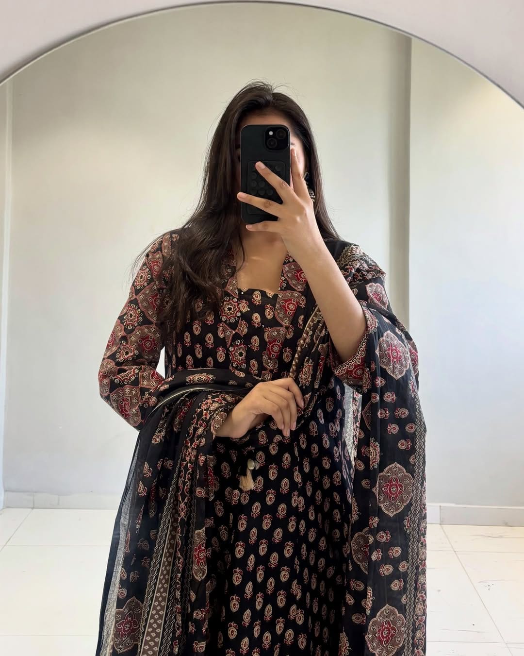 Madhurima Printed Cotton Sequins Katha Work Anarkali Kurta with Pant & Dupatta