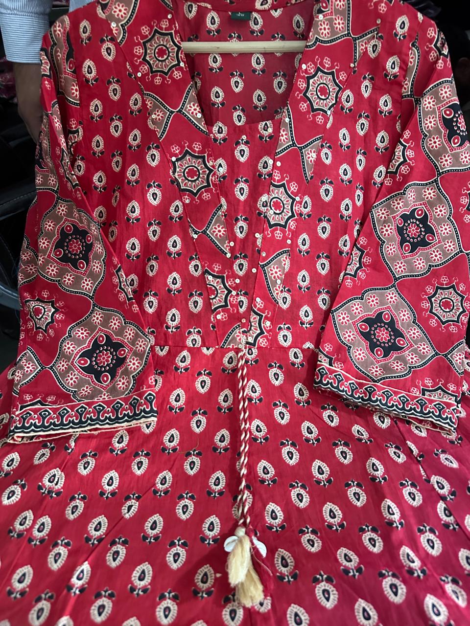 Madhurima Printed Cotton Sequins Katha Work Anarkali Kurta with Pant & Dupatta