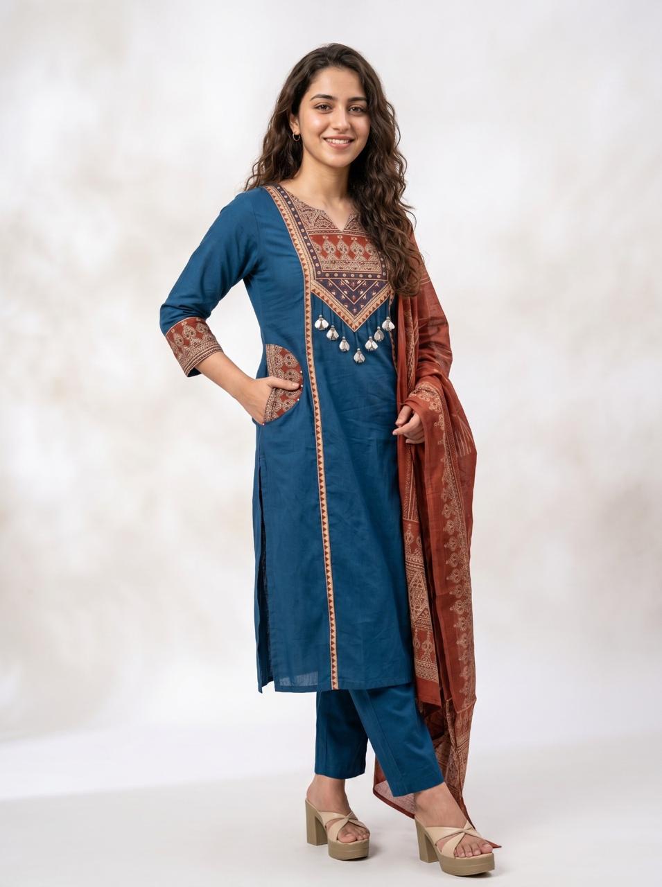 Kashvi Pure Cotton Yoke Embroidered Suit Set with Pant & Dupatta