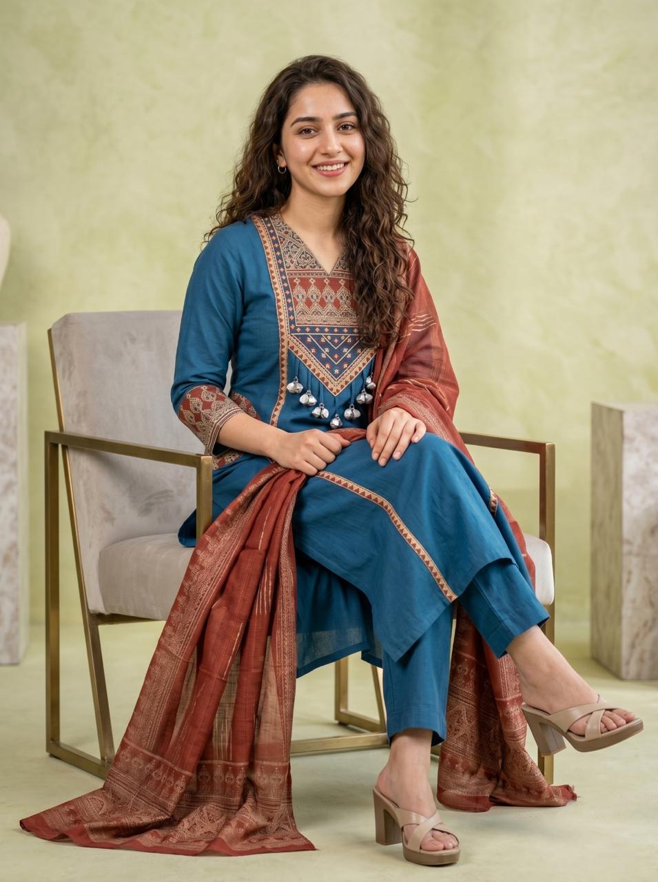 Kashvi Pure Cotton Yoke Embroidered Suit Set with Pant & Dupatta
