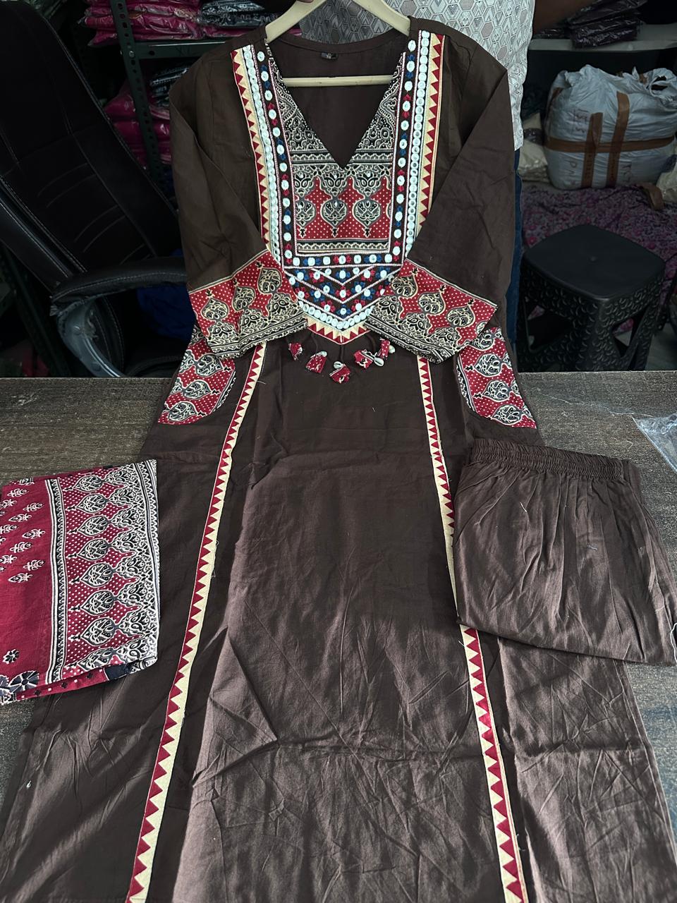 Kashvi Pure Cotton Yoke Embroidered Suit Set with Pant & Dupatta
