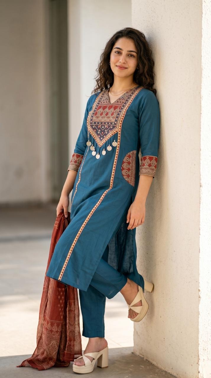 Kashvi Pure Cotton Yoke Embroidered Suit Set with Pant & Dupatta