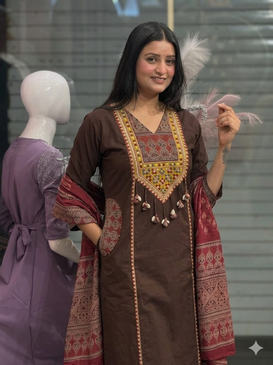 Kashvi Pure Cotton Yoke Embroidered Suit Set with Pant & Dupatta