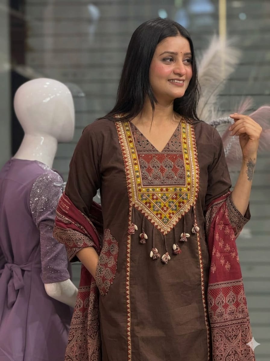 Kashvi Pure Cotton Yoke Embroidered Suit Set with Pant & Dupatta