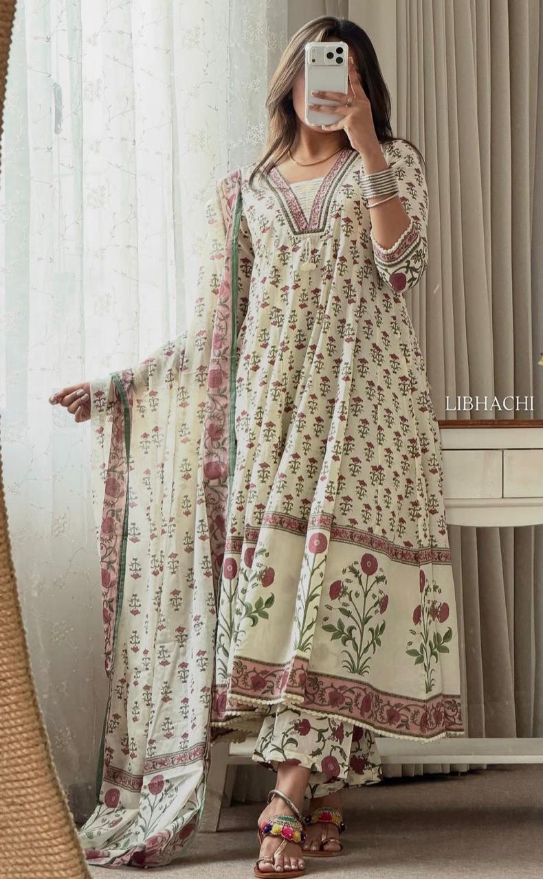 Anvitha Cotton Hand Work Kurti Set with Malmal Dupatta