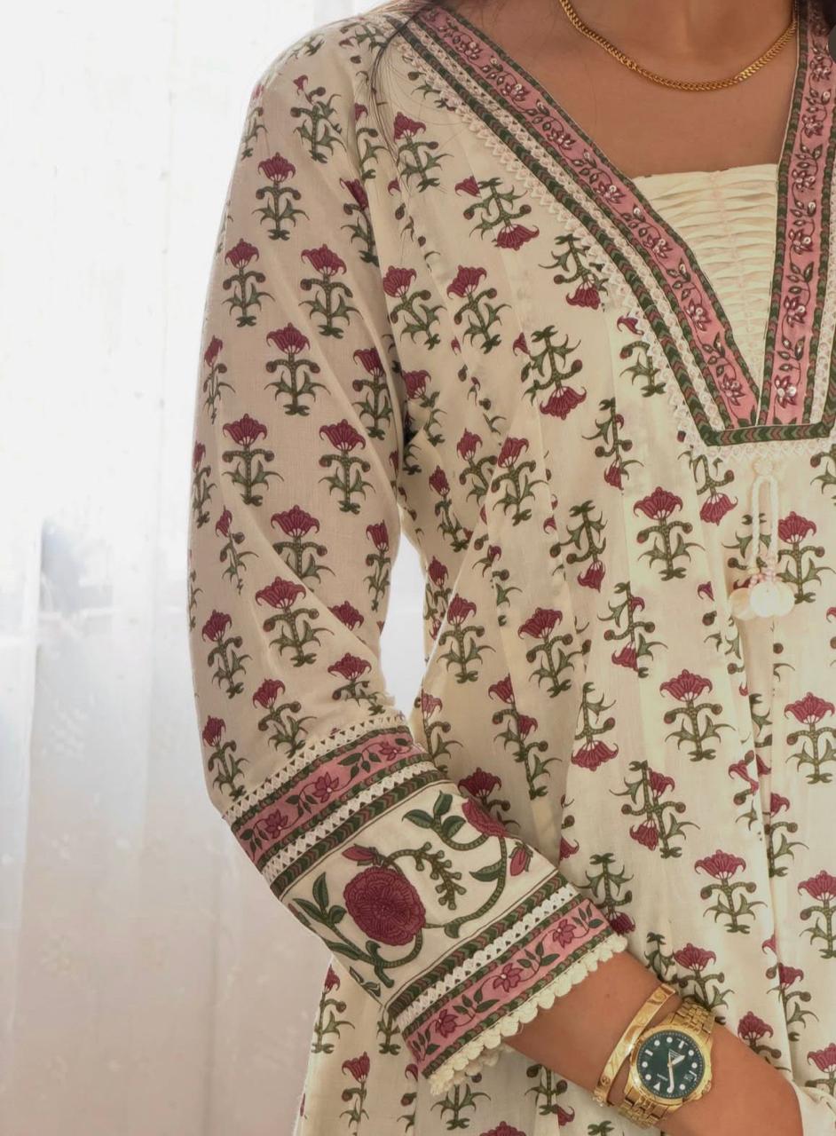 Anvitha Cotton Hand Work Kurti Set with Malmal Dupatta
