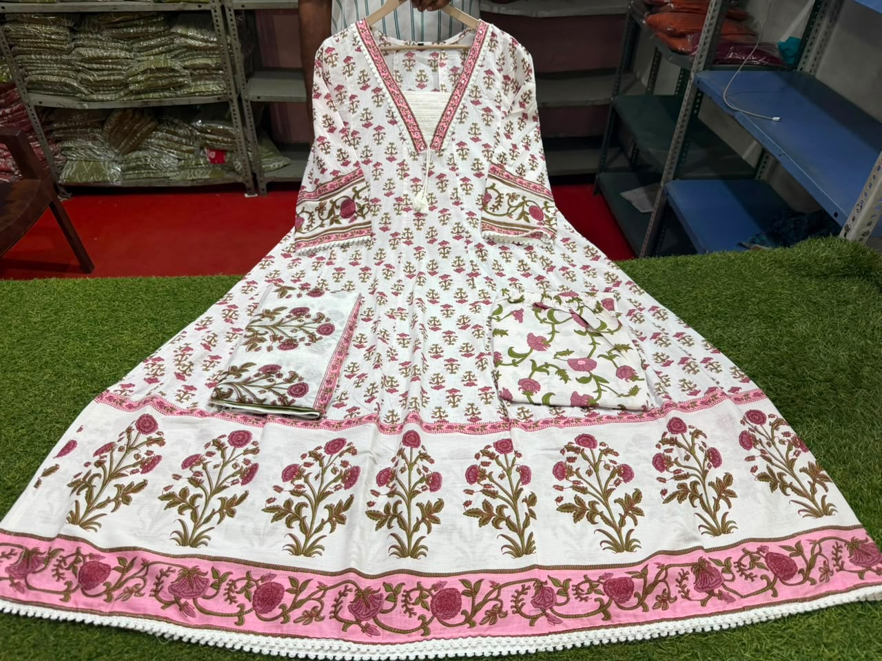Anvitha Cotton Hand Work Kurti Set with Malmal Dupatta