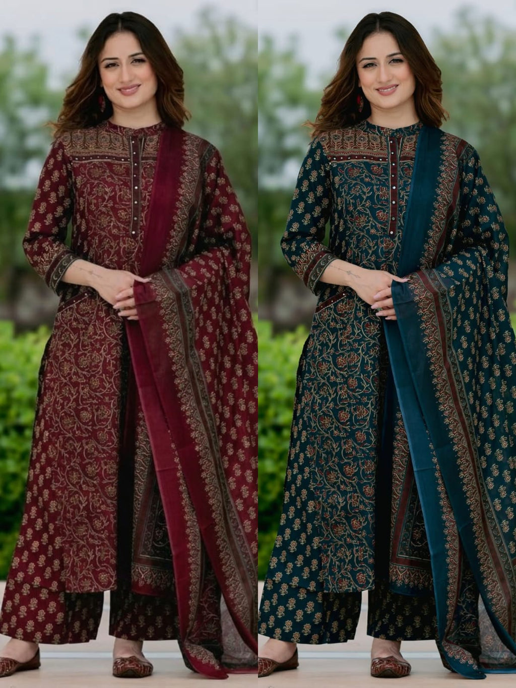 Eshita Handblock Print Cotton Straight Kurta with Palazzo & Dupatta
