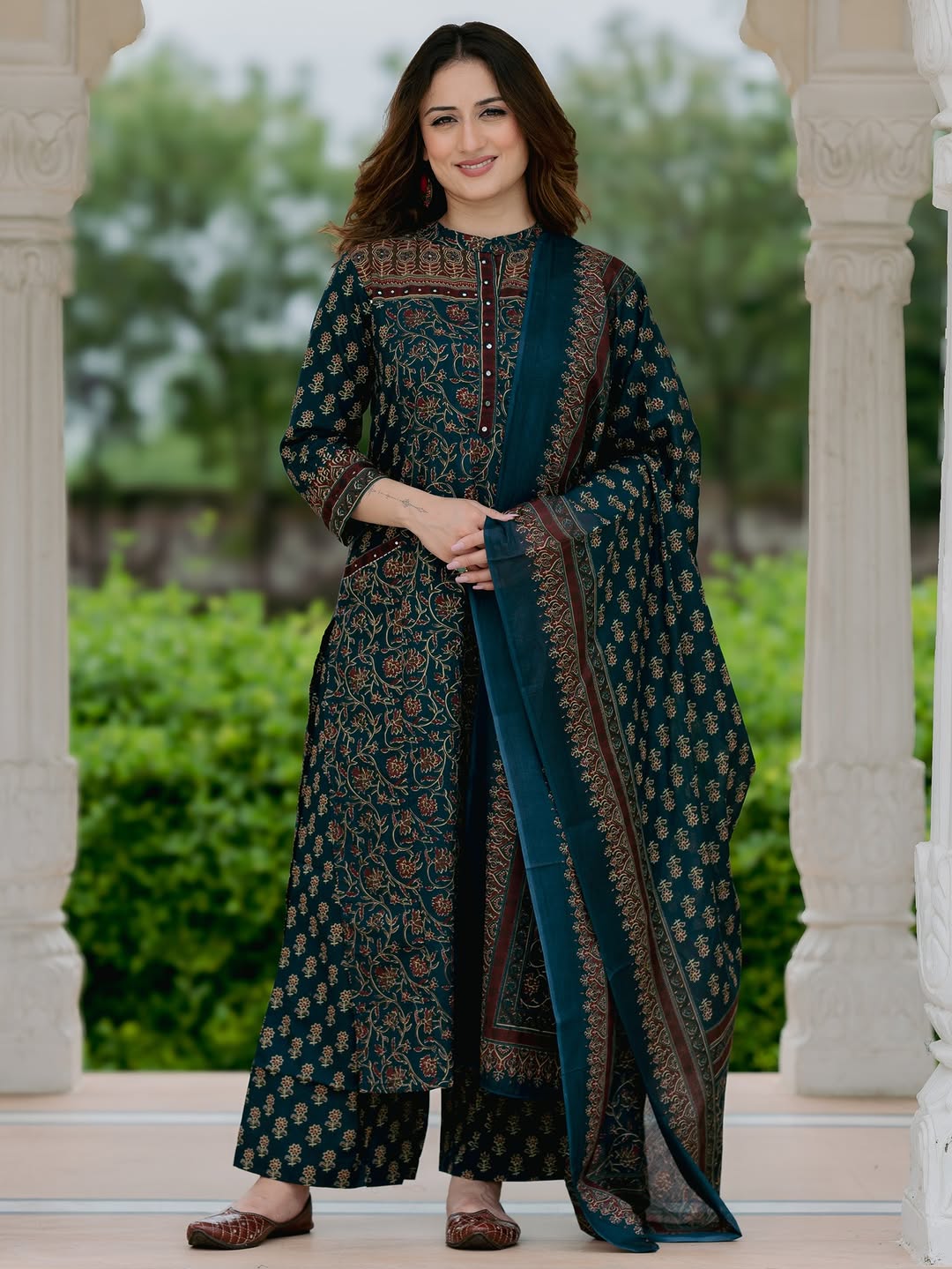 Eshita Handblock Print Cotton Straight Kurta with Palazzo & Dupatta
