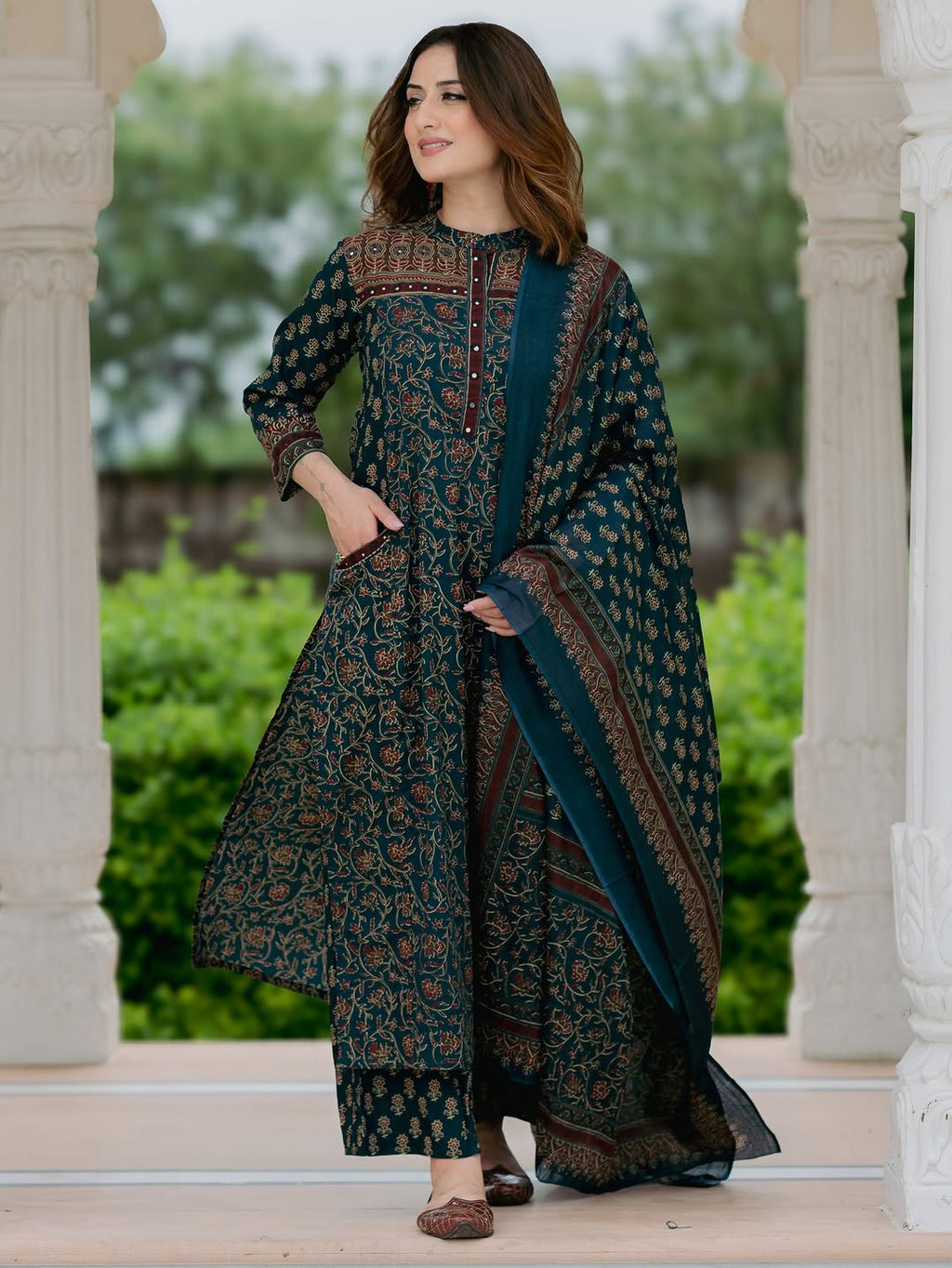 Eshita Handblock Print Cotton Straight Kurta with Palazzo & Dupatta