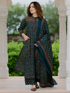 Eshita Handblock Print Cotton Straight Kurta with Palazzo & Dupatta