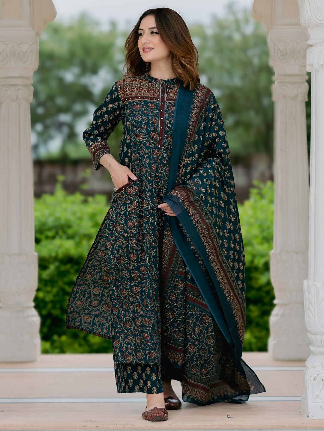 Eshita Handblock Print Cotton Straight Kurta with Palazzo & Dupatta
