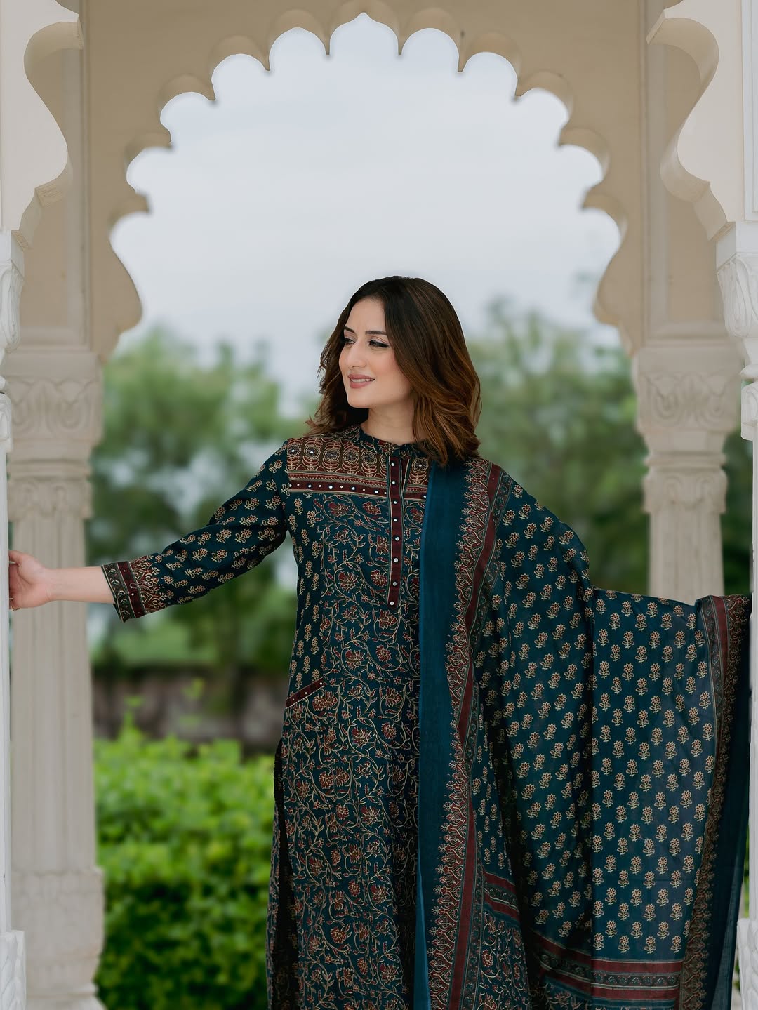 Eshita Handblock Print Cotton Straight Kurta with Palazzo & Dupatta