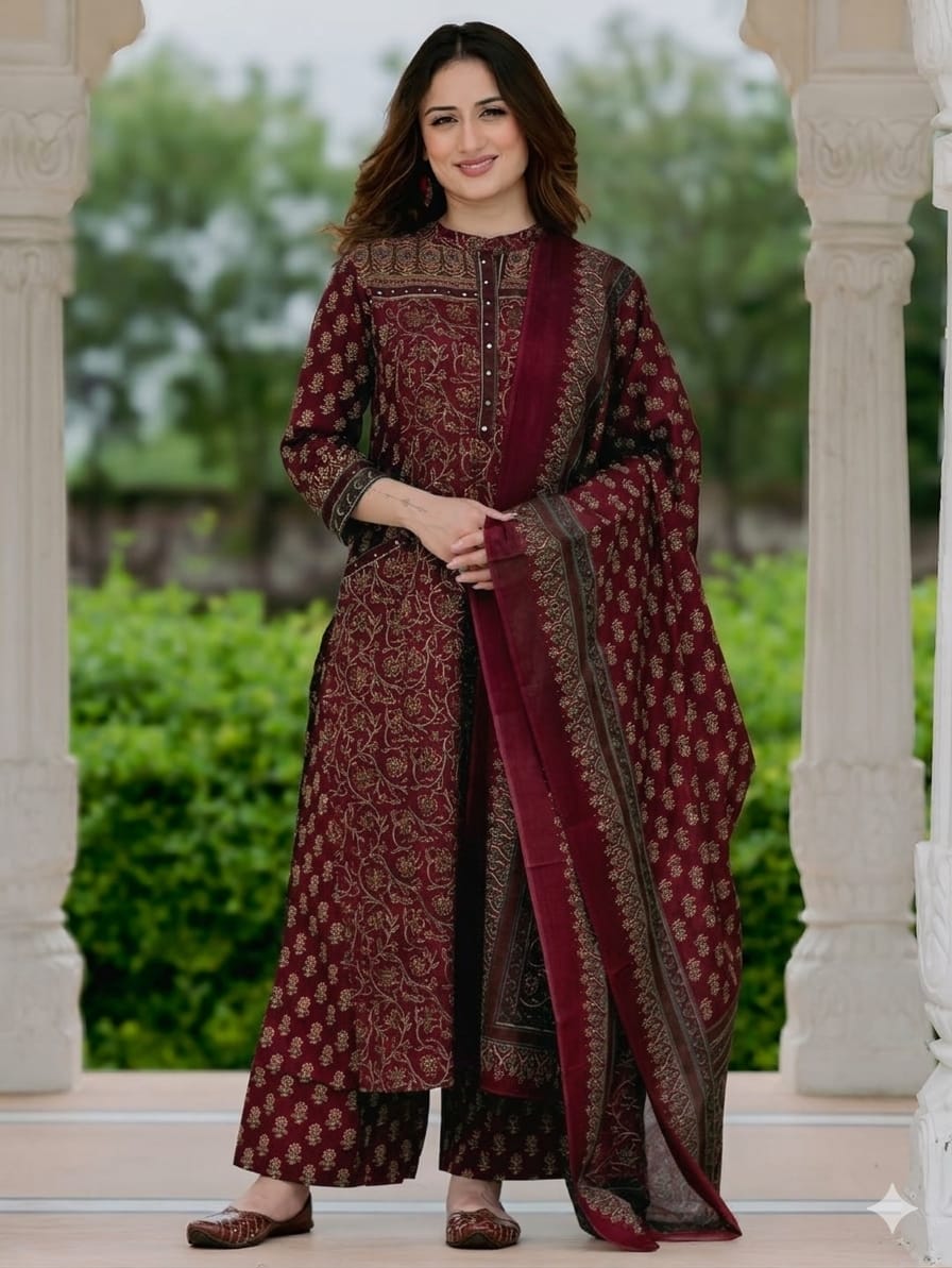 Eshita Handblock Print Cotton Straight Kurta with Palazzo & Dupatta