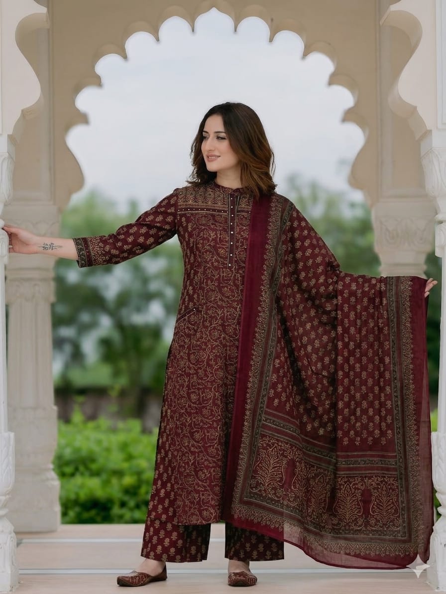 Eshita Handblock Print Cotton Straight Kurta with Palazzo & Dupatta