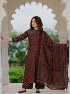 Eshita Handblock Print Cotton Straight Kurta with Palazzo & Dupatta