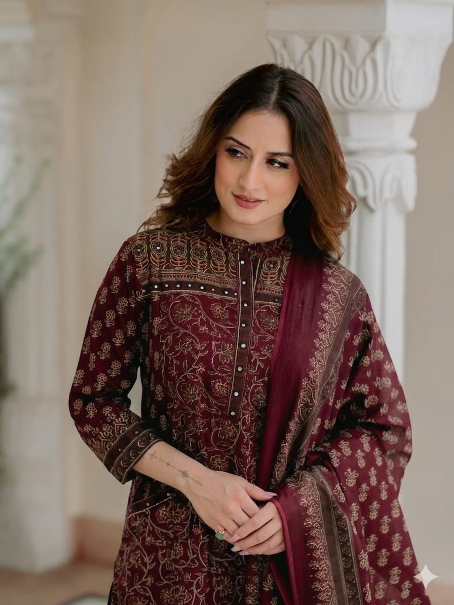 Eshita Handblock Print Cotton Straight Kurta with Palazzo & Dupatta