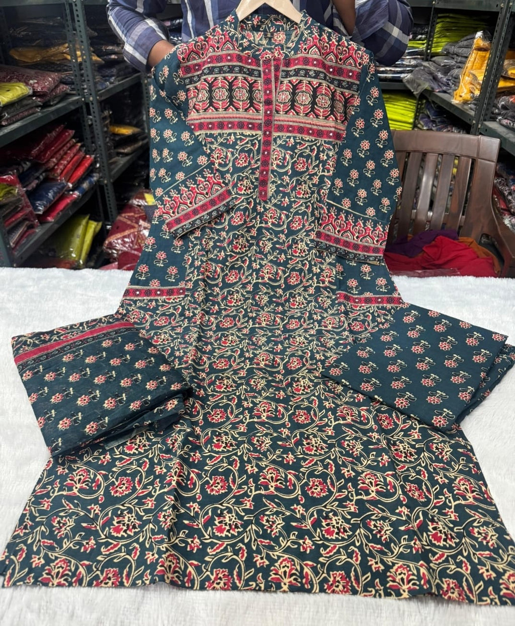 Eshita Handblock Print Cotton Straight Kurta with Palazzo & Dupatta