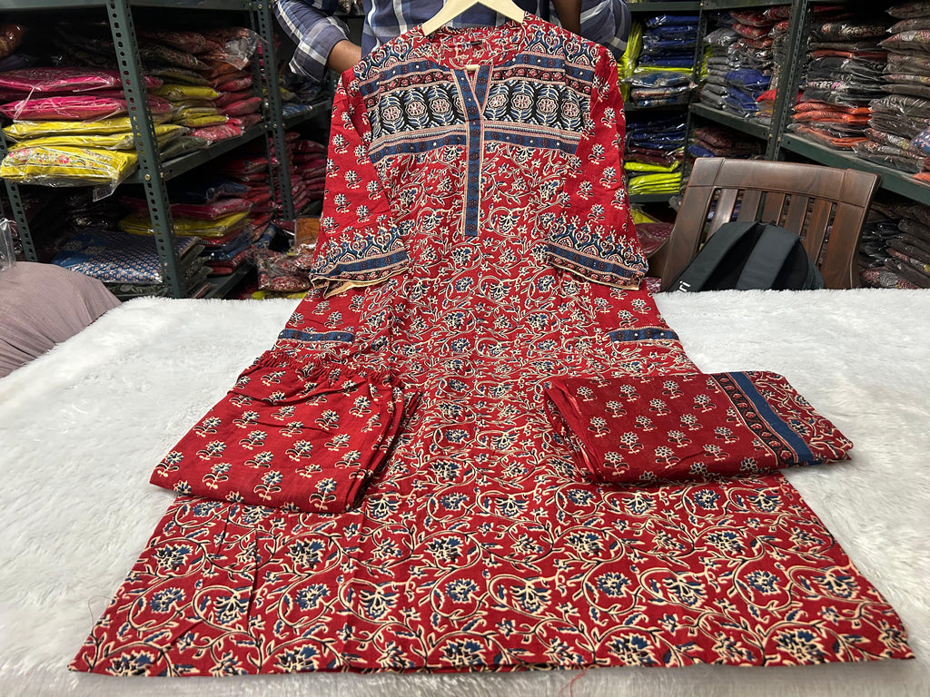 Eshita Handblock Print Cotton Straight Kurta with Palazzo & Dupatta