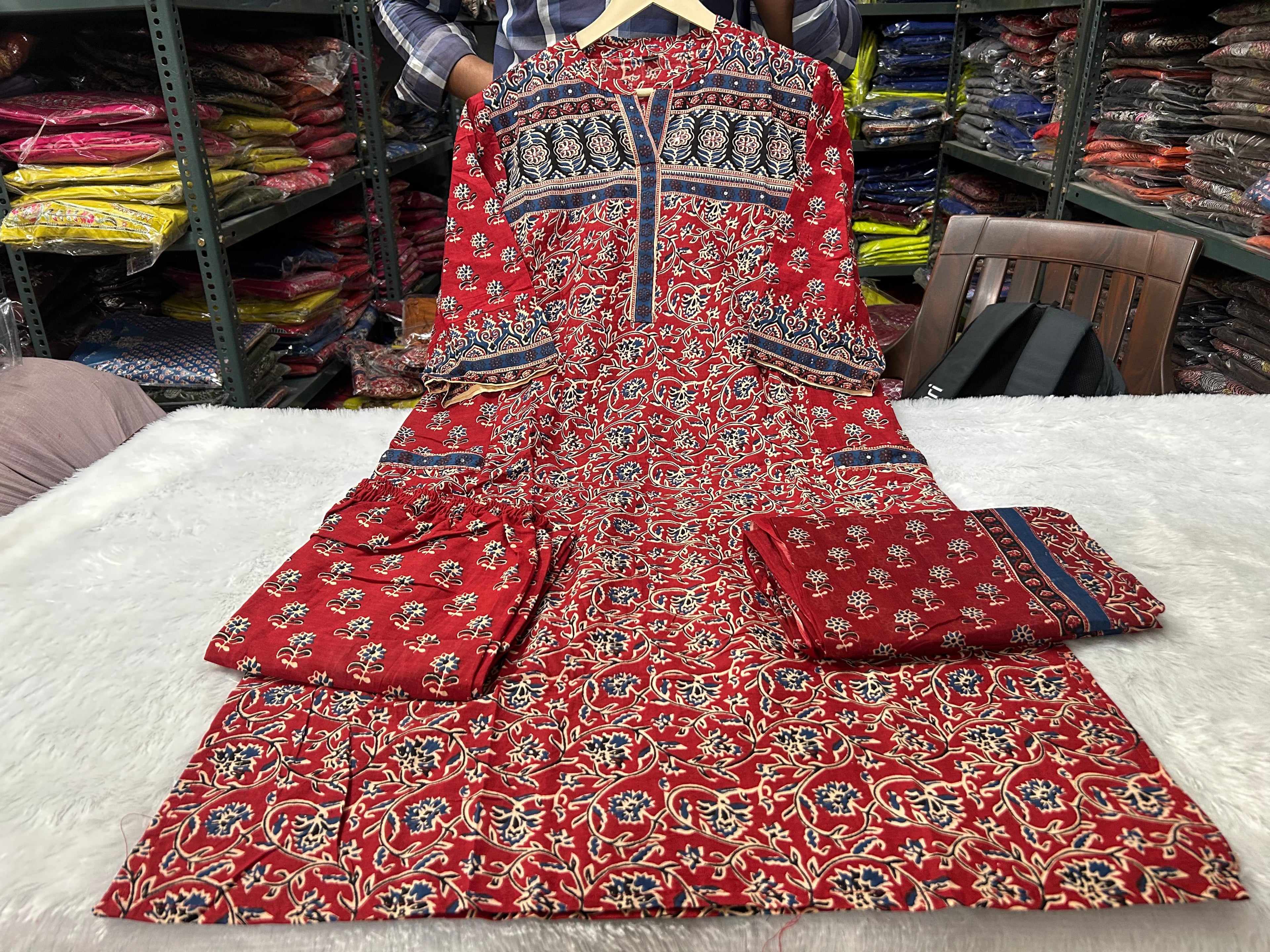 Eshita Handblock Print Cotton Straight Kurta with Palazzo & Dupatta