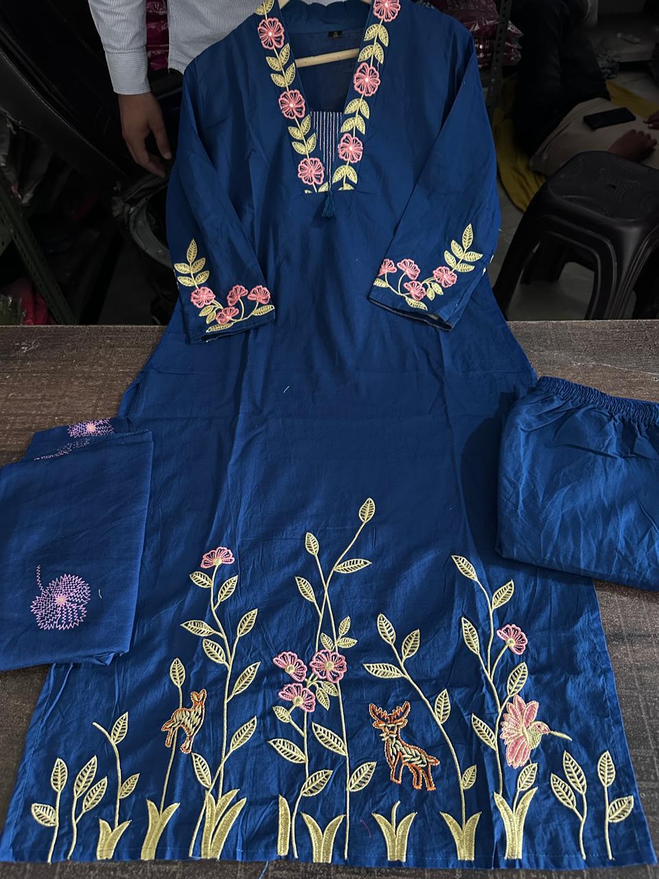 Aarna Heavy Pure Cotton Embroidered Kurti with Pant & Dupatta
