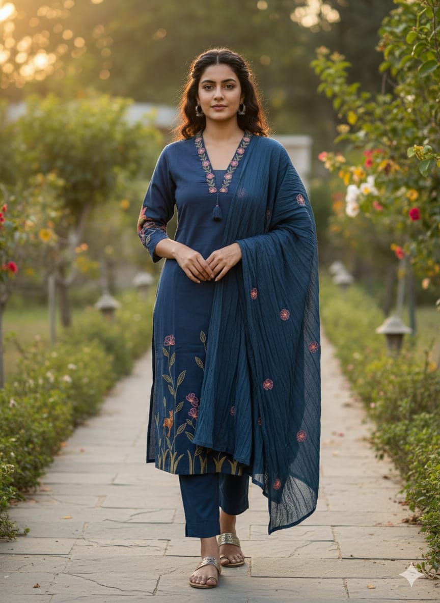 Aarna Heavy Pure Cotton Embroidered Kurti with Pant & Dupatta