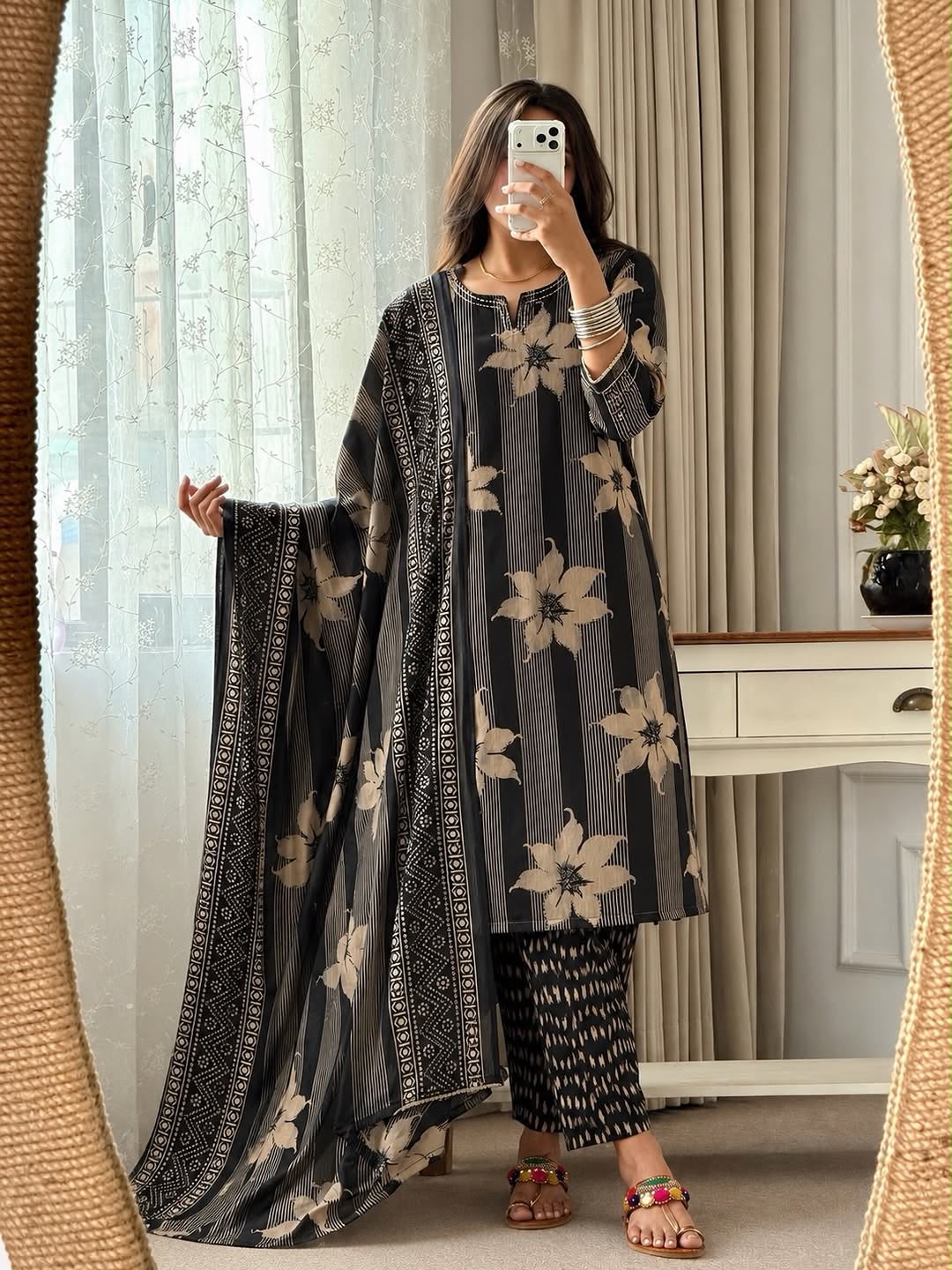 Vasudha Cotton Handwork Kurti with Pant & Malmal Dupatta