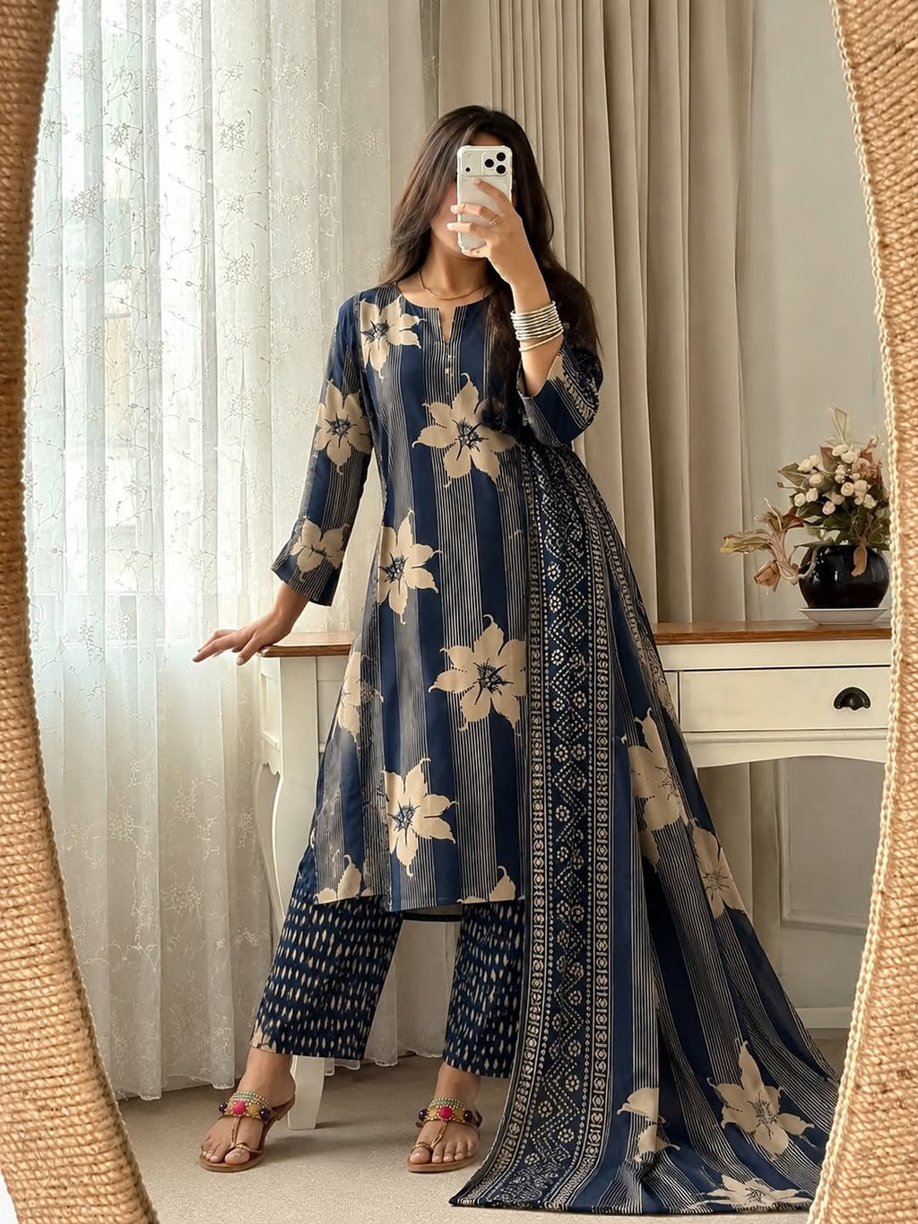 Vasudha Cotton Handwork Kurti with Pant & Malmal Dupatta