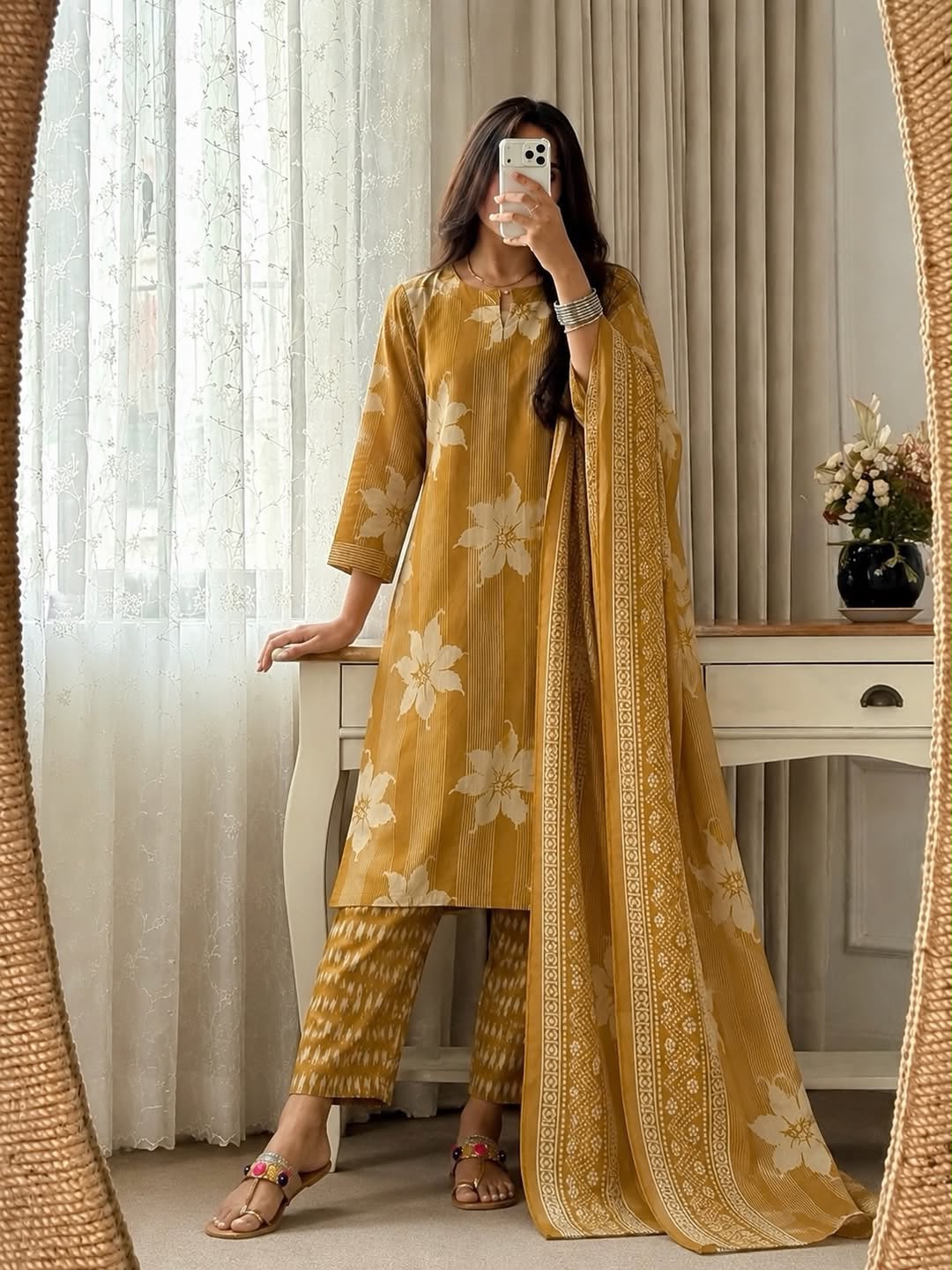 Vasudha Cotton Handwork Kurti with Pant & Malmal Dupatta