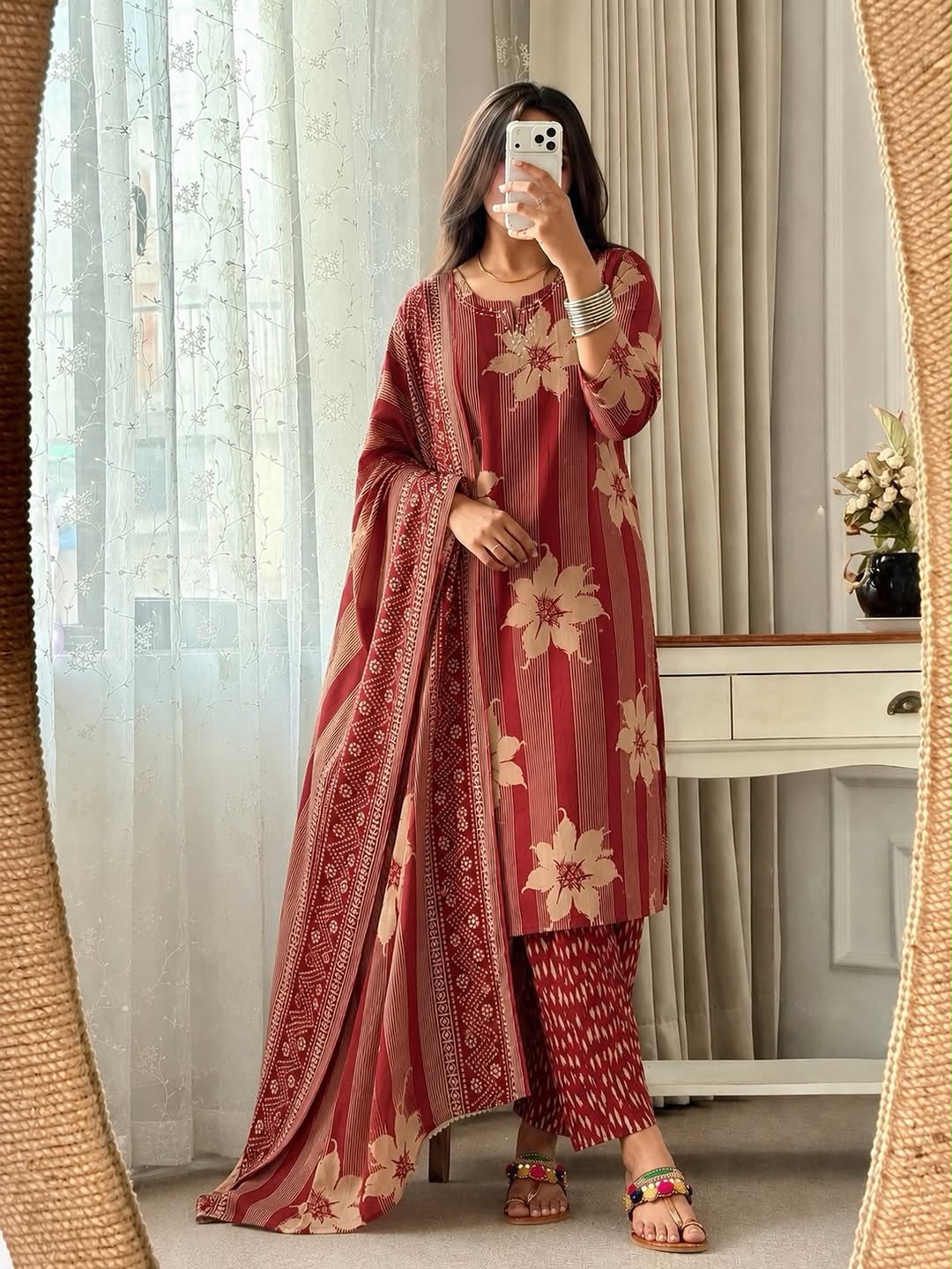 Vasudha Cotton Handwork Kurti with Pant & Malmal Dupatta