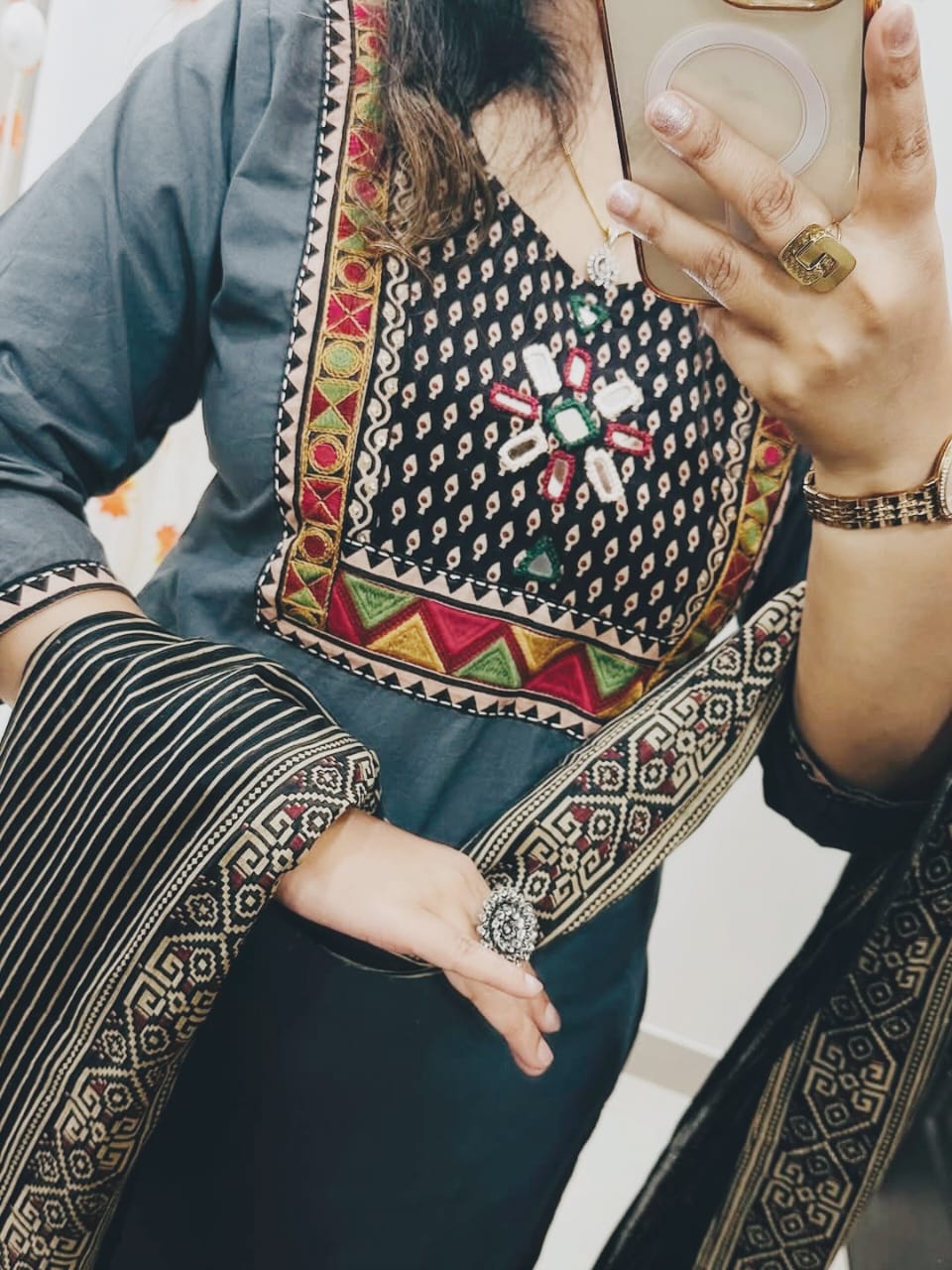 Anvika Cotton Mirror & Embroidery Work Kurti with Pant & Dupatta