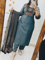 Anvika Cotton Mirror & Embroidery Work Kurti with Pant & Dupatta