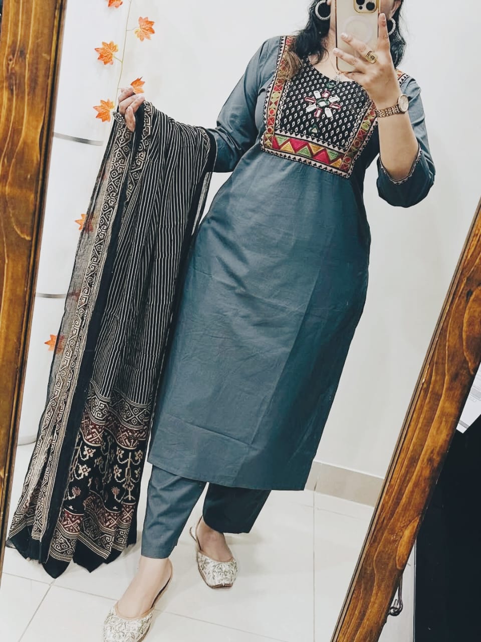 Anvika Cotton Mirror & Embroidery Work Kurti with Pant & Dupatta