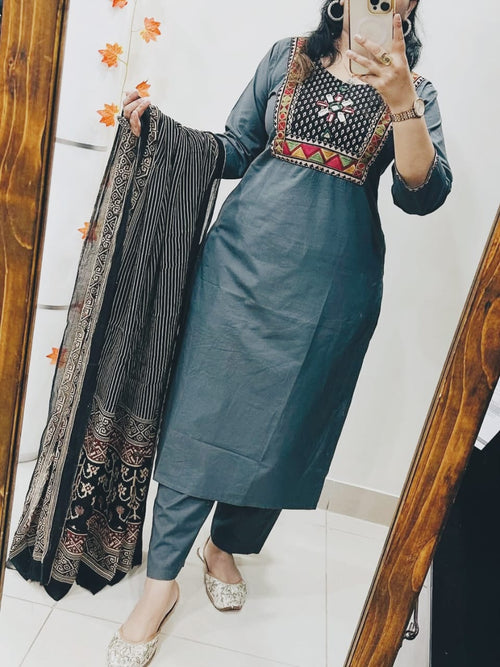 Anvika Cotton Mirror & Embroidery Work Kurti with Pant & Dupatta