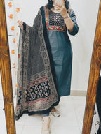 Anvika Cotton Mirror & Embroidery Work Kurti with Pant & Dupatta