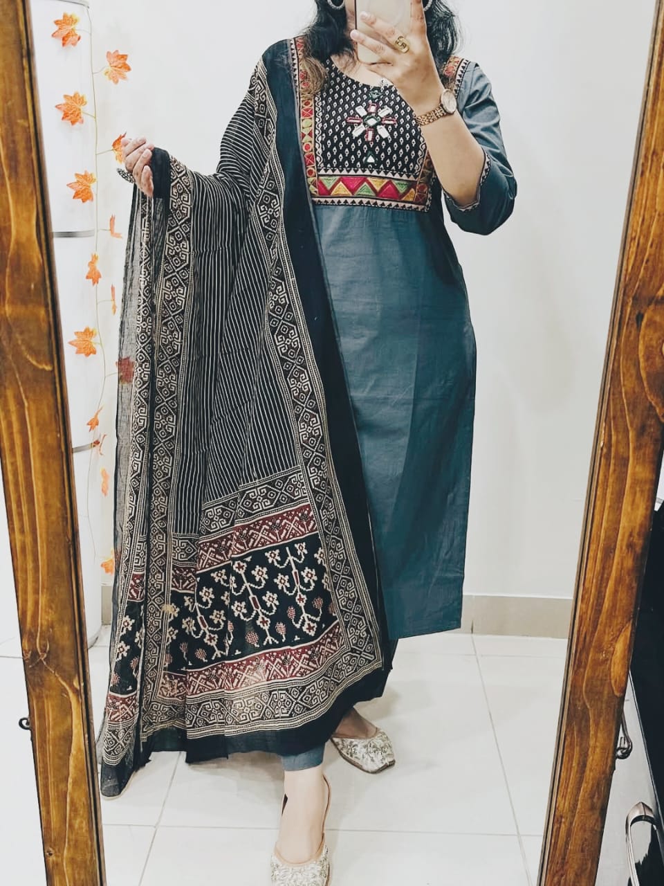 Anvika Cotton Mirror & Embroidery Work Kurti with Pant & Dupatta