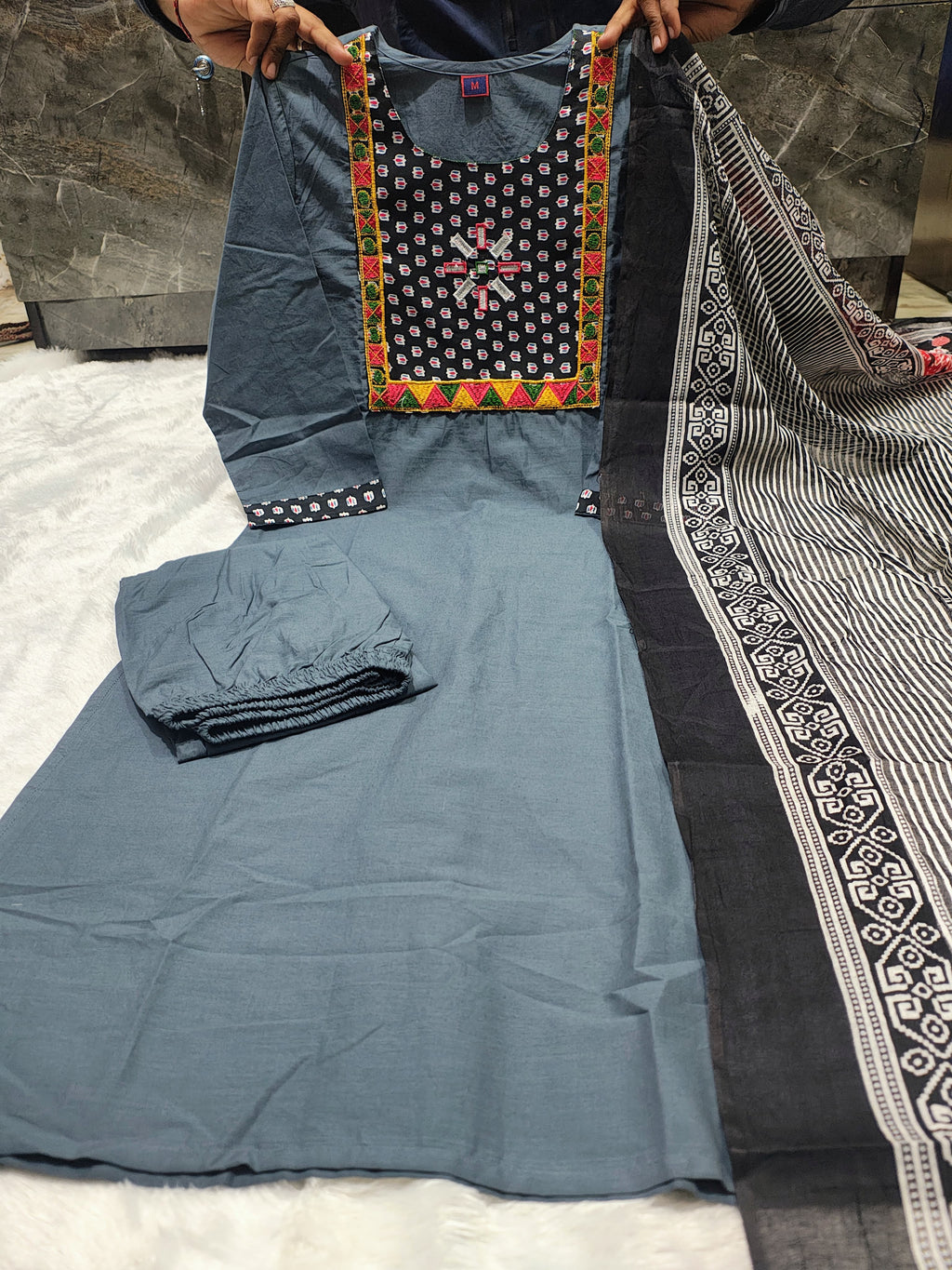 Anvika Cotton Mirror & Embroidery Work Kurti with Pant & Dupatta