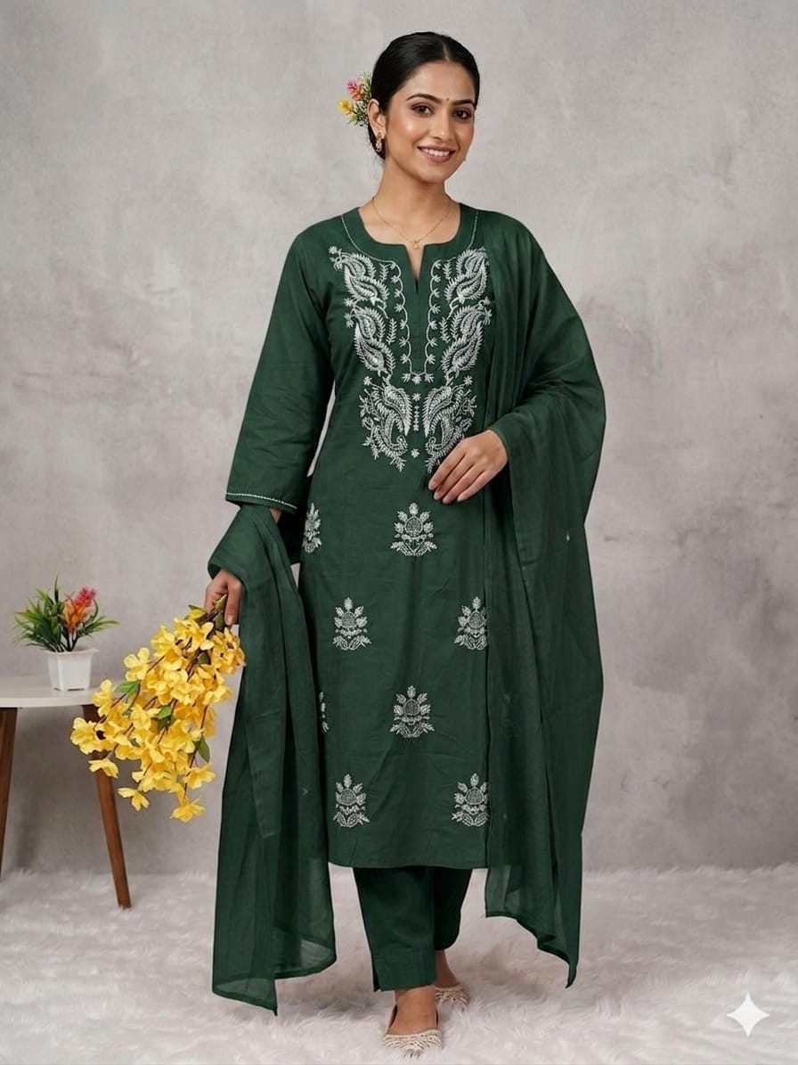 Eshanya Cotton Embroidered Kurti with Pant & Dupatta