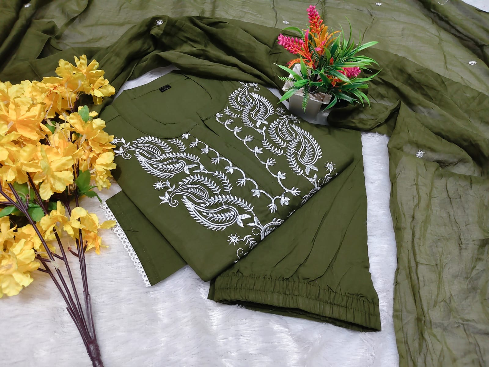 Eshanya Cotton Embroidered Kurti with Pant & Dupatta