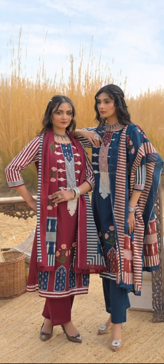 Charvi Pure Cotton Embroidered Kurti with Pant & Dupatta