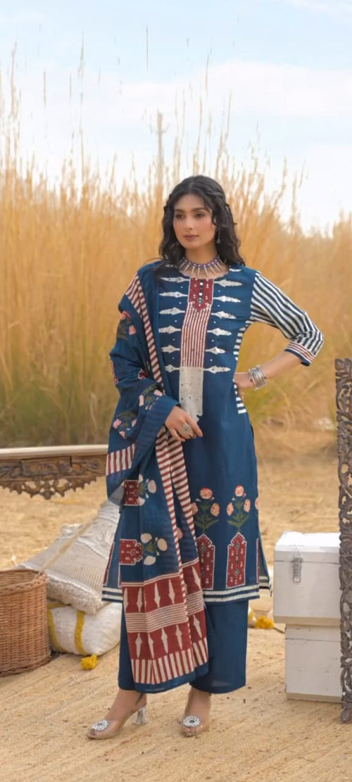 Charvi Pure Cotton Embroidered Kurti with Pant & Dupatta