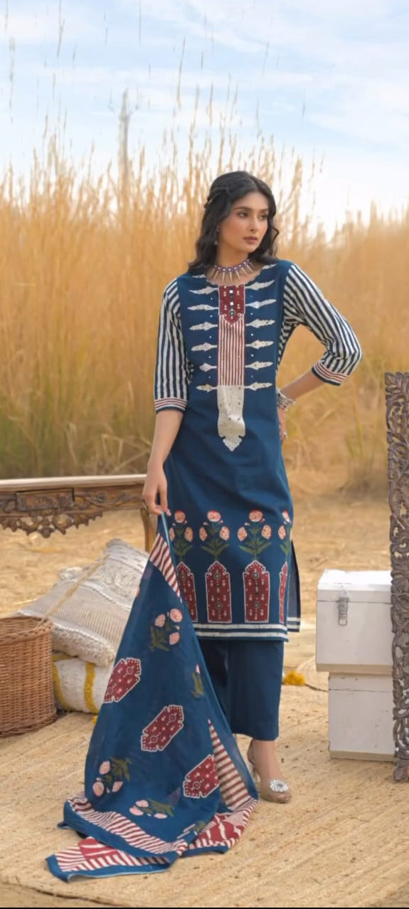 Charvi Pure Cotton Embroidered Kurti with Pant & Dupatta