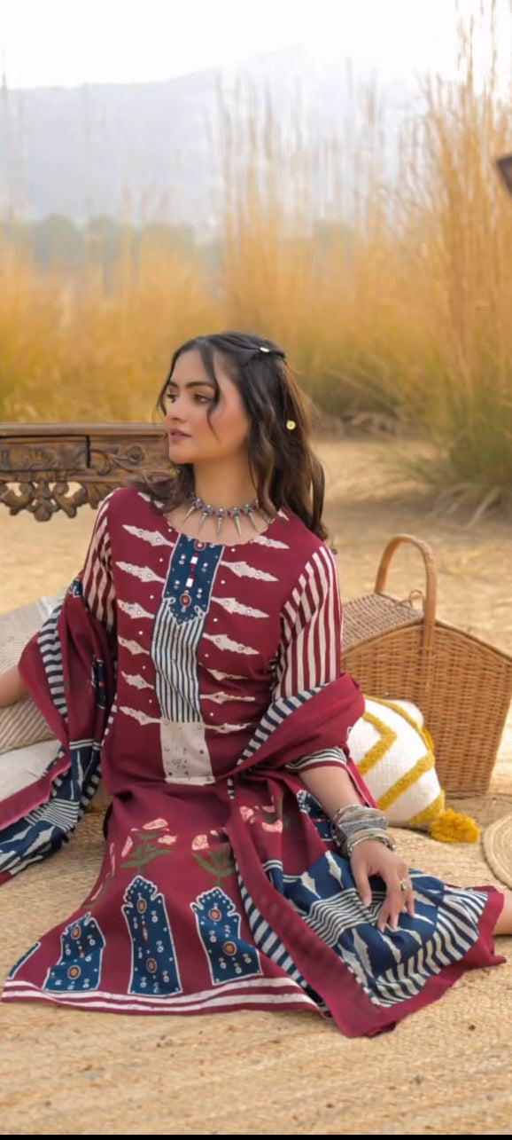 Charvi Pure Cotton Embroidered Kurti with Pant & Dupatta