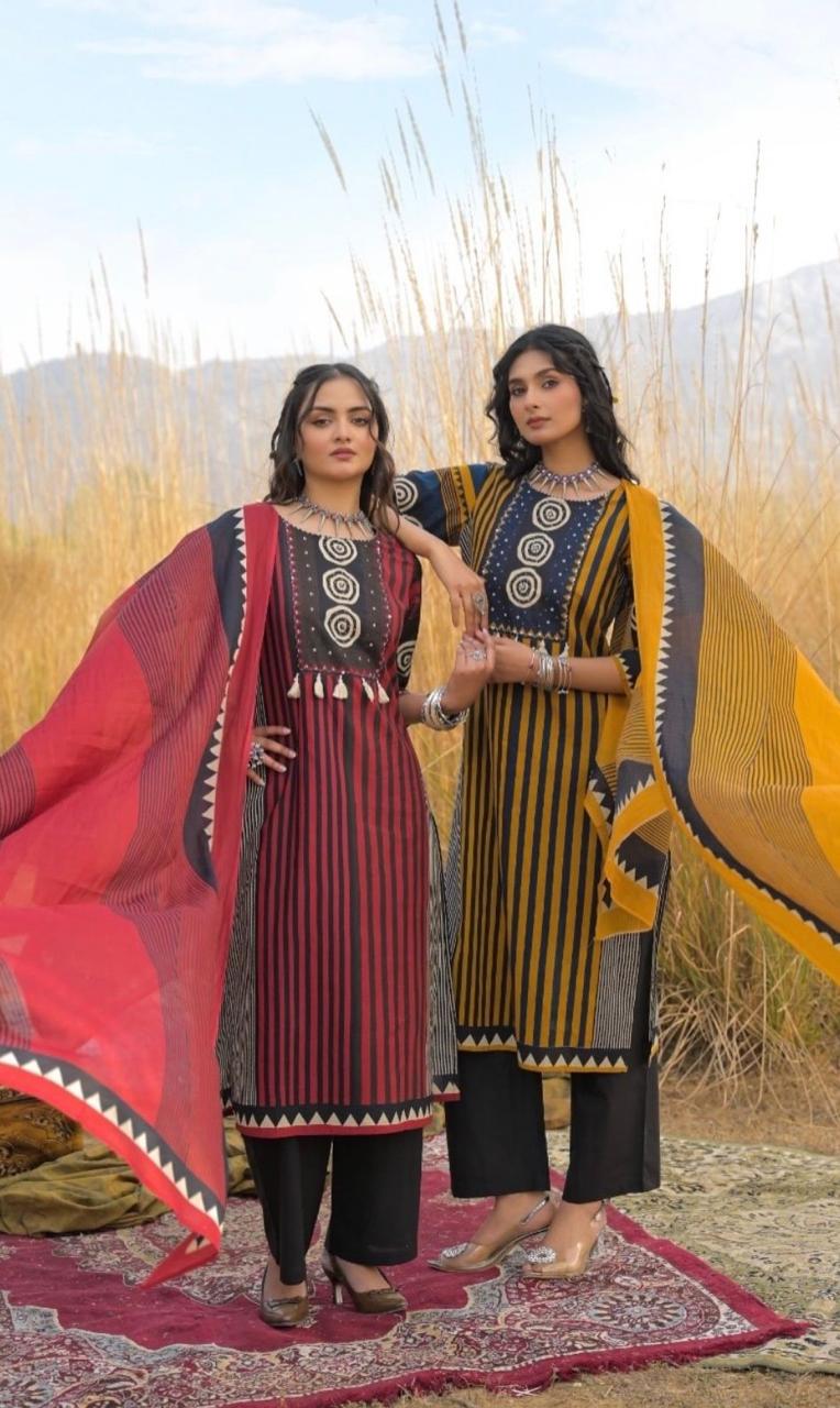 Vamika Heavy Pure Cotton Embroidered Kurti with Pant & Dupatta