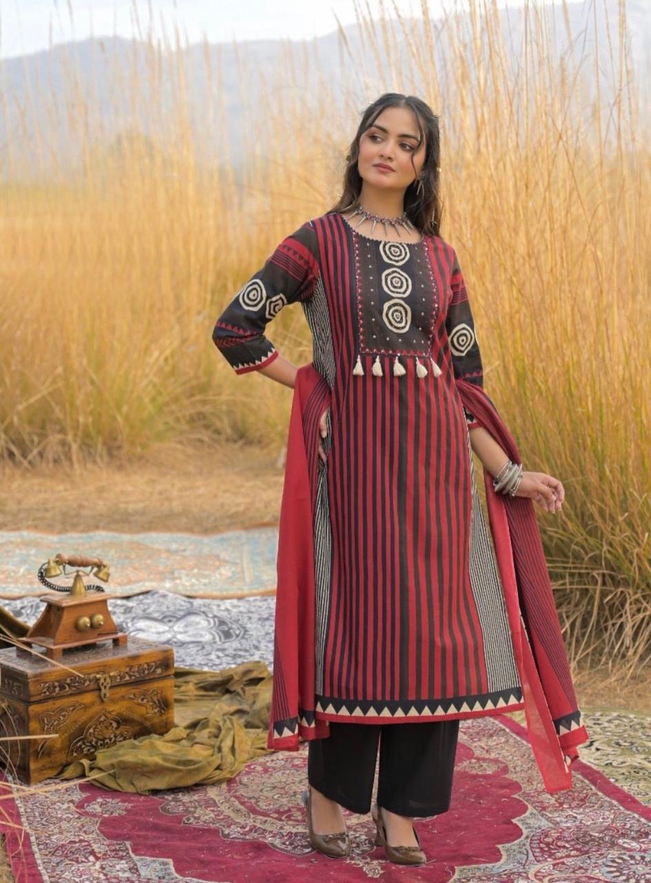 Vamika Heavy Pure Cotton Embroidered Kurti with Pant & Dupatta