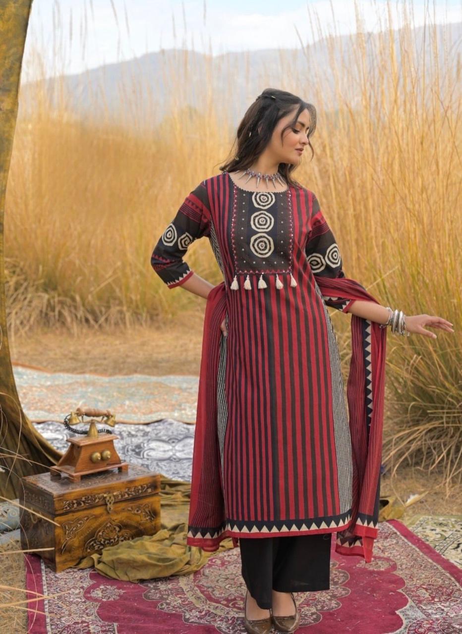 Vamika Heavy Pure Cotton Embroidered Kurti with Pant & Dupatta